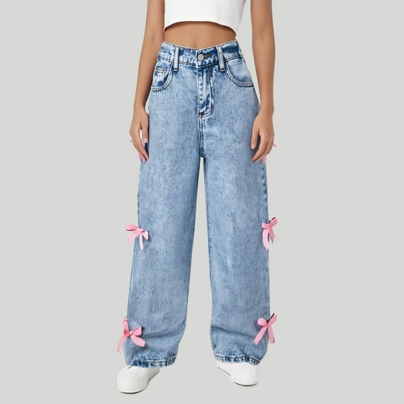 Bow Jeans for Girls Wide Leg Baggy Denim Pants High Waisted Trousers with Pockets (Blue 10-11Years)