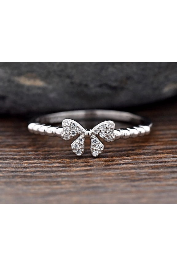 14K White Gold Plated Bow Rings - 0.78 Ct Round Cut Diamond Ring - Rings Design Jewelry - Bow Christmas Gift for Her - Daily Wear Diamond Ring - Valentine Gifts for Women's