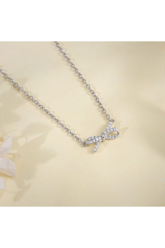 1.0 Ct Round Cut Lab Created Diamond Bow Necklace with Chain - 14K White Gold Plated Pendant - Gorgeous Engagement Necklace for Women - Unique Gift for Her - Necklace for Anniversary