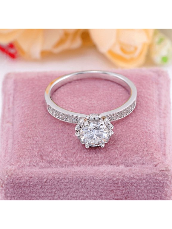1.2 Ct Round Cut Solitaire Lab-Created Simulated Diamond Ring 14K White Gold Plated Floral Accent Design for Women