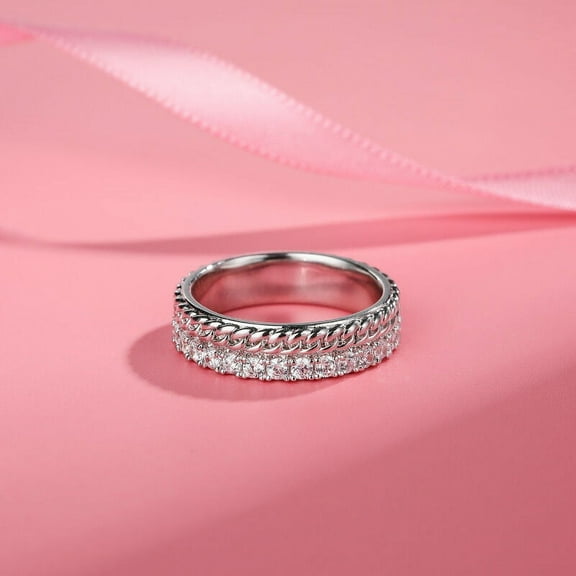 Bow Jewel 14K White Gold Plated Wedding Ring - 1.47 Ct Round Brilliant Cut Diamond Ring Chain Link Style Eternity Anniversary Band - Eternity Diamond Ring - Diamond Special Occasion Ring