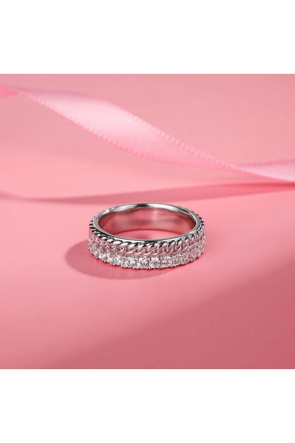 14K White Gold Plated Wedding Ring - 1.47 Ct Round Brilliant Cut Diamond Ring Chain Link Style Eternity Anniversary Band - Eternity Diamond Ring - Diamond Special Occasion Ring