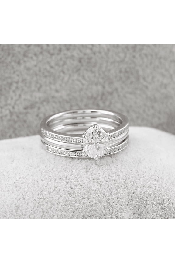 1.6 Ct Oval Cut Lab Created Diamond Ring - 14K White Gold Over Rings - 6 Prongs Designer Rigs for Women's - Half Channel Set Diamond Band for Her - Wedding Proposal Ring for Girlfriend