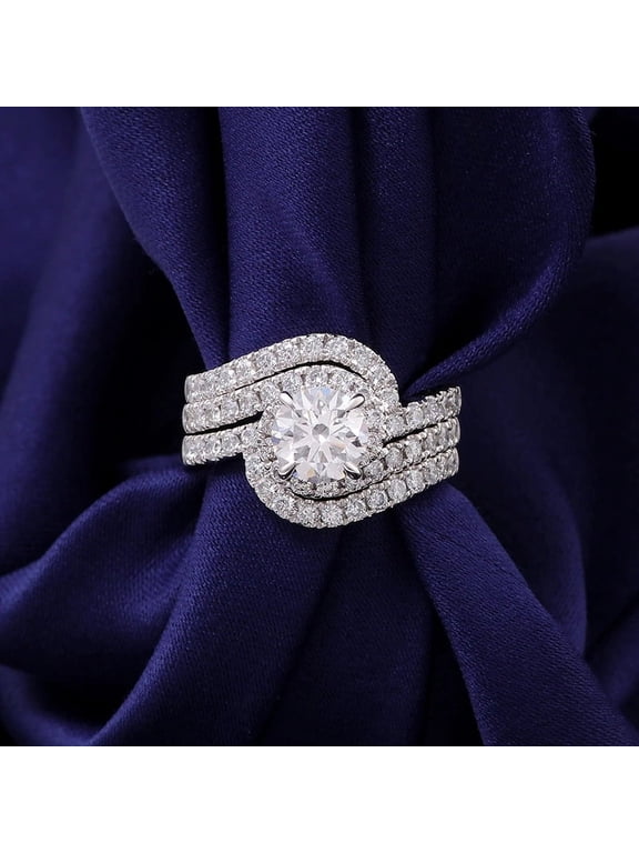 1.87 Ct Round Brilliant Cut Lab-Created Simulated Diamond Engagement Ring 14K White Gold Plated Trio Bridal Set for Women Wedding Ring