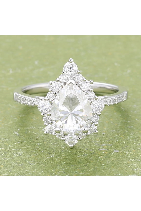 14K White Gold Over Anniversary Ring - 2.1 Ct Pear Cut lab Created Diamond Ring - Engagement Wedding Waterdrop Style Ring for Women's - Ever & Ever Halo-Style Diamond Rings - Bridal Ring