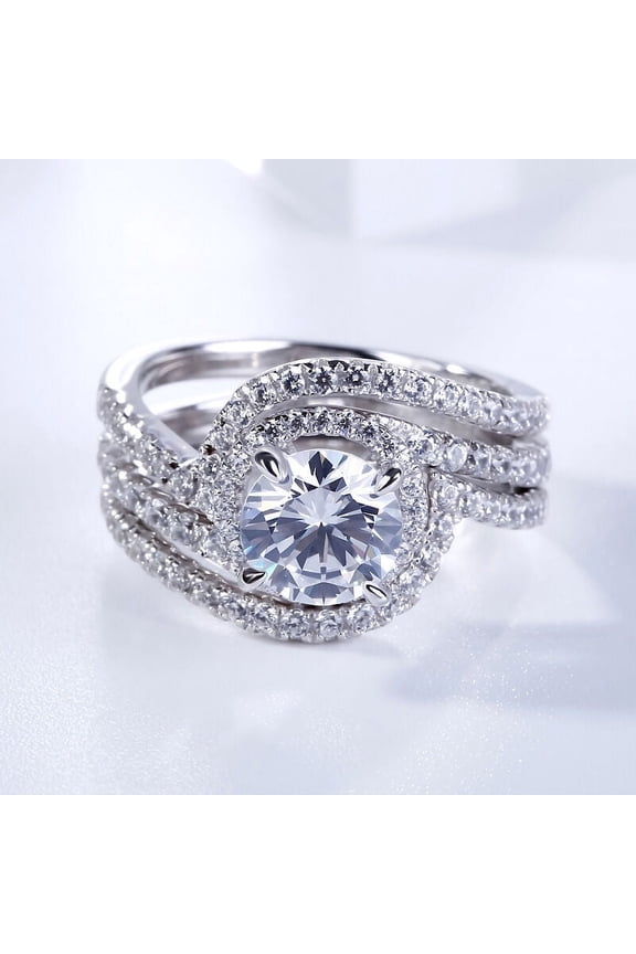 1.77 Ct Round Cut Lab Created Simulate Bridal Rings - 14K White Gold Plated Trio Set Wedding Rings - Elegant Rings with Two Matching Bands for Women's - Perfect Party Wear Diamond Rings