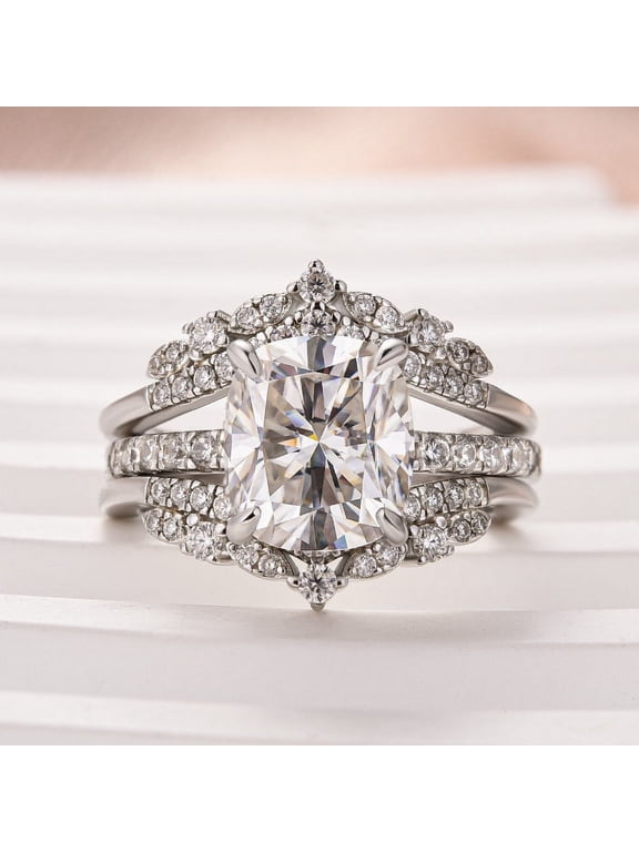 14K White Gold Plated 1.5 Ct Cushion Cut Lab-Created Simulated Diamond Engagement Ring with Enhancer Band for Women
