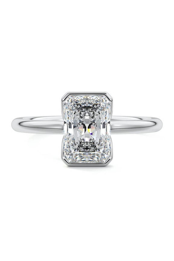 14K White Gold Plated 1.9 Ct Radiant Cut Diamond Ring for Women - Half Bezel Solitaire Ring - Hidden Halo Diamond Jewelry - Promise Ring for Her