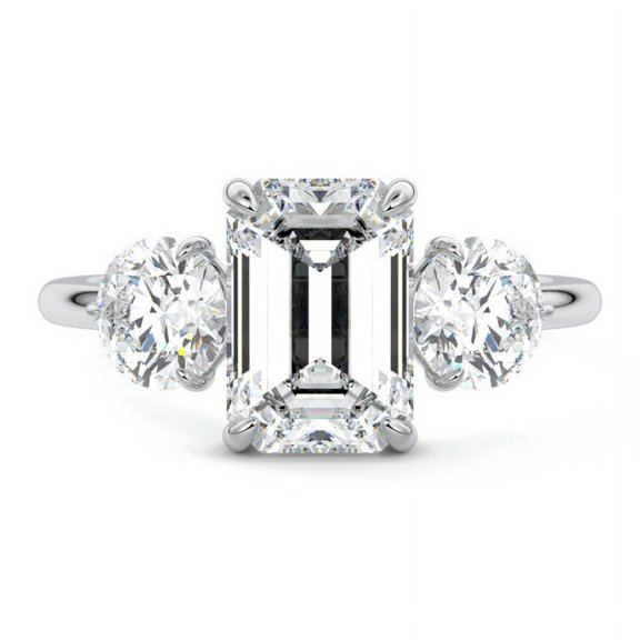 Bow Jewel 14K White Gold Plated 2 Ct Emerald Cut Excellent Diamond Ring for Women's - Hidden Halo Diamond Rings - 3 Stone Jewelry for Women's - Classic Diamond Ring for Sister