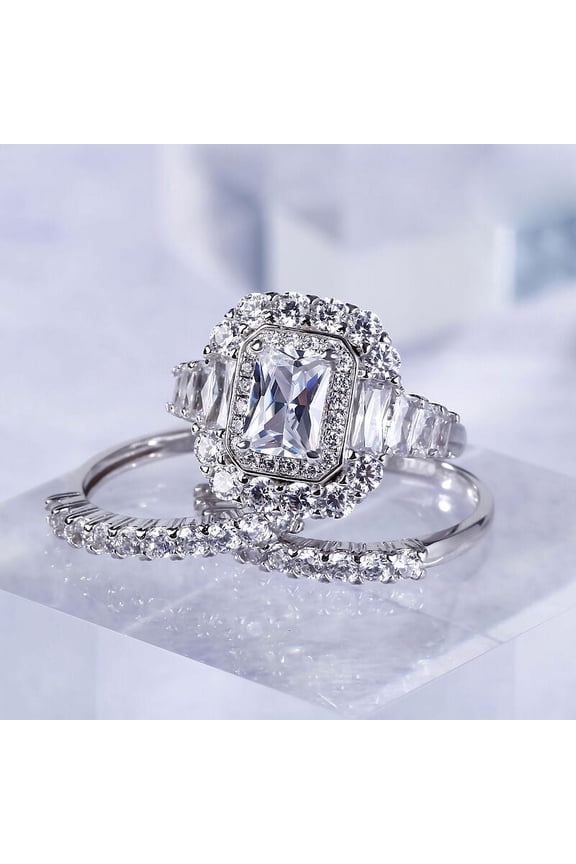 14K White Gold Plated Ring - Radiant Cut 1.57 Ct Excellent White Diamond Engagement Ring - Trio set Wedding Ring for Her - Multi Stone Bridal Set Ring - Bridal Diamond Jewellery