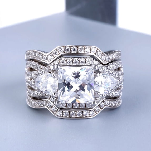Bow Jewel 14K White Gold Over Rings - 1.9 Ct Princess Diamond Engagement Rings - Diamond Engagement Wedding Rings for Women's - Trio Set Bridal Jewellery Rings for Women's - Graduation Gifts