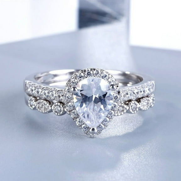 Bow Jewel 2.06 Ct Lab Diamond Pear Cut Bridal Set Ring - 14K White Gold Plated Wedding Rings - Halo Engagement Rings for Women's - Latest Milgrain Engagement Diamond Ring - Party Wear Diamond Ring