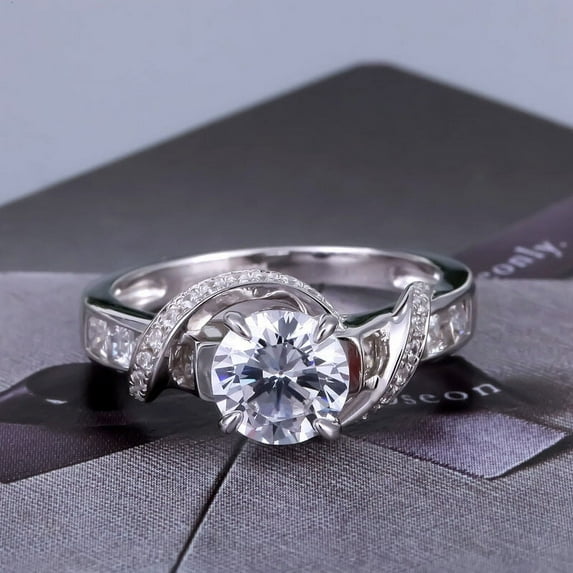 Bow Jewel 1.87 Ct Round Cut Diamond Ring - 14K White Gold Plated - Stunning Swing Ring for Engagement and Wedding - Elegant Multi Diamond Ring for Women's - Perfect Birthday Gift for Teen Gift