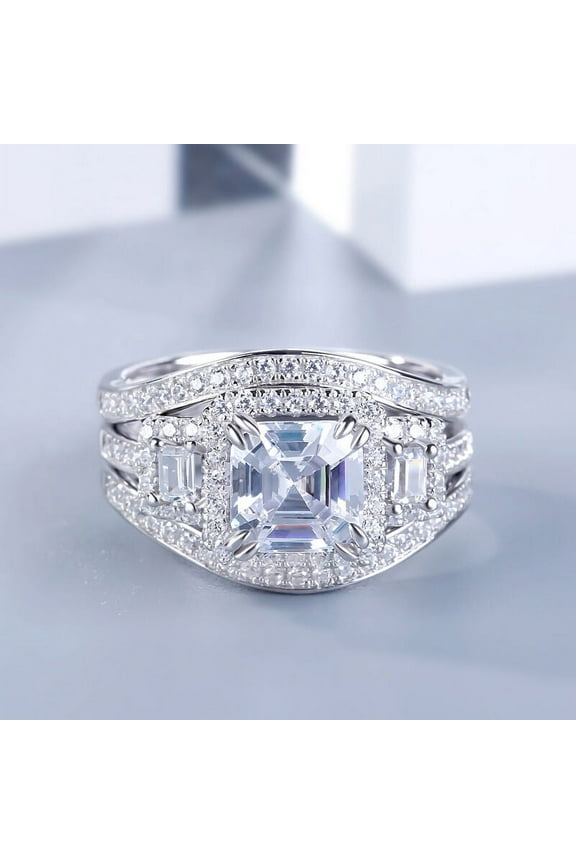 1.87 Ct Lab Created Diamond Asscher Cut Engagement Rings - 14K White Gold Plated Wedding Anniversary Trio Set - Stunning Bridal Set Rings for Women - Perfect Choice for Celebrating Love