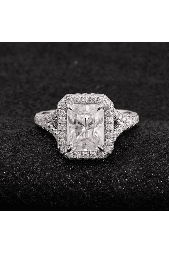 1.97 Ct Radiant Cut Diamond Wedding Rings - 14K White Gold Plated - Unique Halo Design - Splite Shank Engagement Wedding Ring for Women's - Perfect for Special Occasions and Celebrations