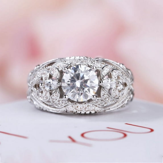 Bow Jewel Antique Vintage Ring for Women's - Brilliant 1.9 Ct Round Cut Diamond Ring - 14K White Gold Over Ring - Geometric Late Art Decoration Vintage Wedding Ring - Reproduction Of Vintage Ring