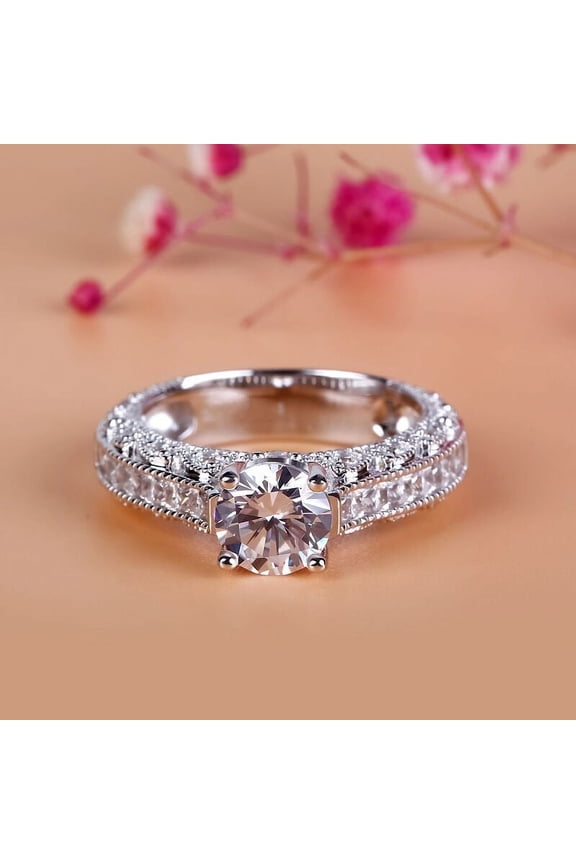 Brilliant 1.7 Ct Round Cut Diamond Ring - Silver 14K White Gold Over Ring - Hidden halo with Milgrain Diamond Rings for Her - Decorative Technique Milgrain Diamond Rings for Women's