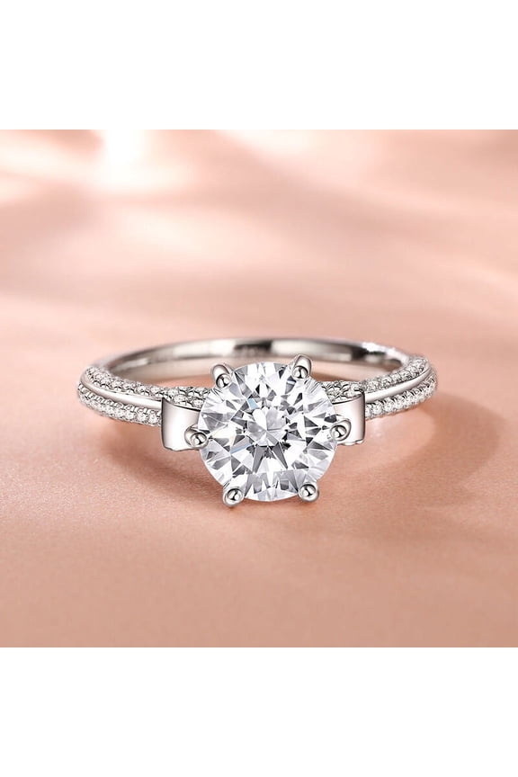 14K White Gold Plated Bow Tie Ring - Brilliant 1.97 Ct Round Cut Diamond Ring - Solitaire with Accent Rings for Women's - Six Button Prong Wedding Rings - Birthday Gifts