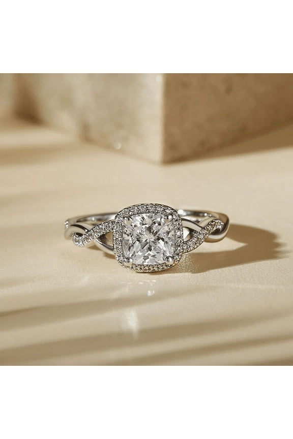 14K White Gold Plated Cross Over Shank Ring - Cushion Cut 1.77 Ct Lab Created Diamond Ring - Infinity Twisted Wedding Ring - Anniversary Halo Ring for Women's - Handmade Jewelry