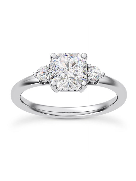 Cushion Cut 3 Stone Lab-Created Simulated Diamond Engagement Wedding Ring 14K White Gold Plated Hidden Halo Cathedral Shank for Women
