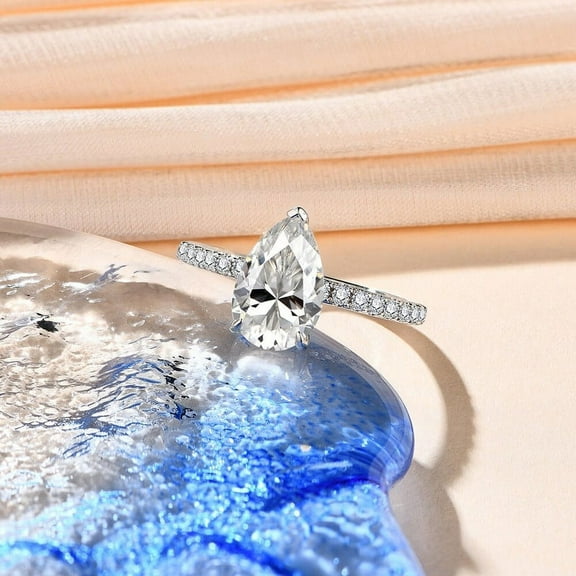 Bow Jewel 14K White Gold Plated 1.87 Ct Pear Cut Lab Diamond Ring - Beautiful Engagement Stacking Ring for Her - Perfect Anniversary Ring - Daily Wear Fine Jewelry - Gorgeous Solitaire with Accents