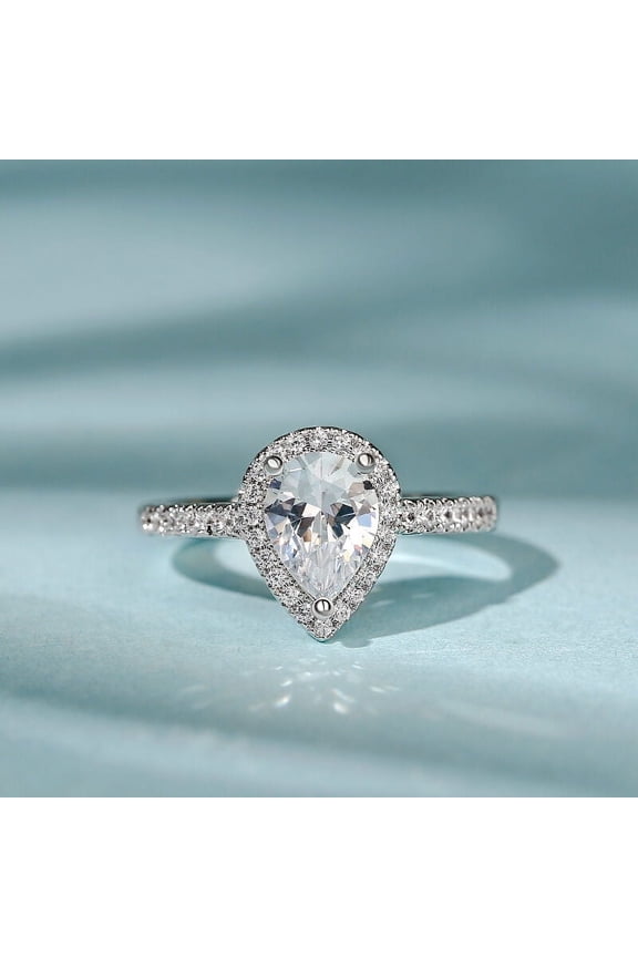 14K White Gold Plated Teardrop Halo Ring - Excellent 1.87 Ct Pear Cut lab Created Simulated Diamond Wedding Ring - Engagement Handmade Jewelry - Anniversary Ring - Custom Ring