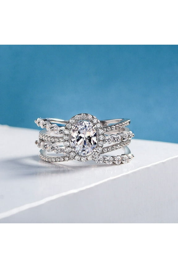 Oval Cut Excellent 1.8 Ct Diamond Ring For Her - White Gold Over 14K Silver Diamond Ring - Four Eternity Bend Rings for Women's - Halo Diamond Rings with Four bend Diamond Rings for Her