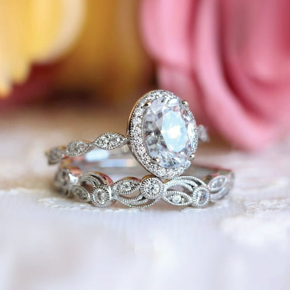 Bow Jewel 1.97 Ct Oval Cut Excellent Rings for Couples - Crafted in 14K White Gold Plated - Unique Bridal Set Rings for Gifts - Perfect Engagement Rings - Celebrate Your Love with Timeless Elegance