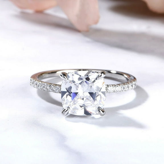 Bow Jewel Stamped 14K White Gold Plated Engagement Ring - 1.97 Ct Excellent Cushion Cut Diamond Women's Ring - Simple Wedding Diamond Ring - Christmas Special Gift - Anniversary Prong Setting Ring