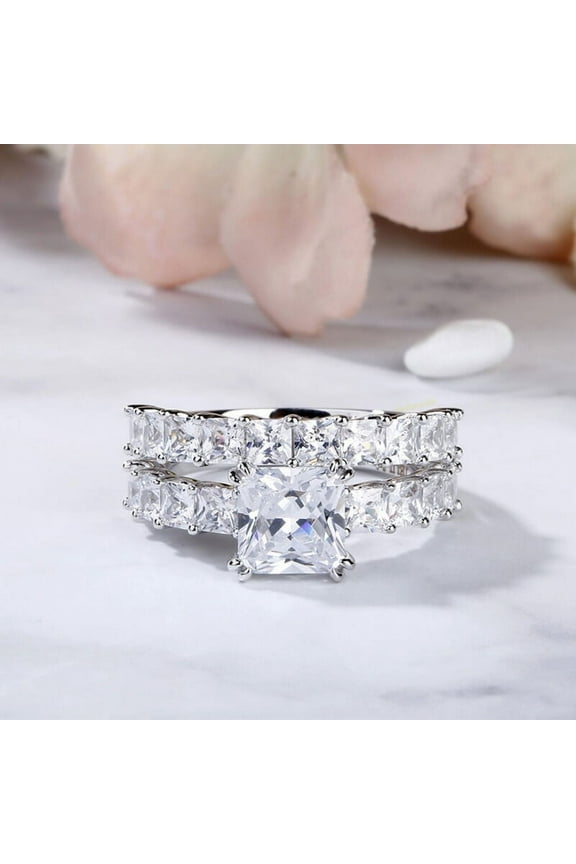 1.77 Ct Princess Cut Lab Created Diamond Ring Set - Wedding Bridal Ring Set for Women's - 14K White Gold Plated Anniversary Ring Set - Engagement Solitaire with Accents Ring Set