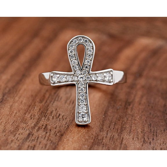 Bow Jewel White Gold Over 14K Silver Diamond Ring - 0.7 Ct Round Brilliant Cut Diamond Ring - Ankh Statement Ring for Men's - Christian Cross Silver Diamond Ring for Women's - Valentine's Day Gift