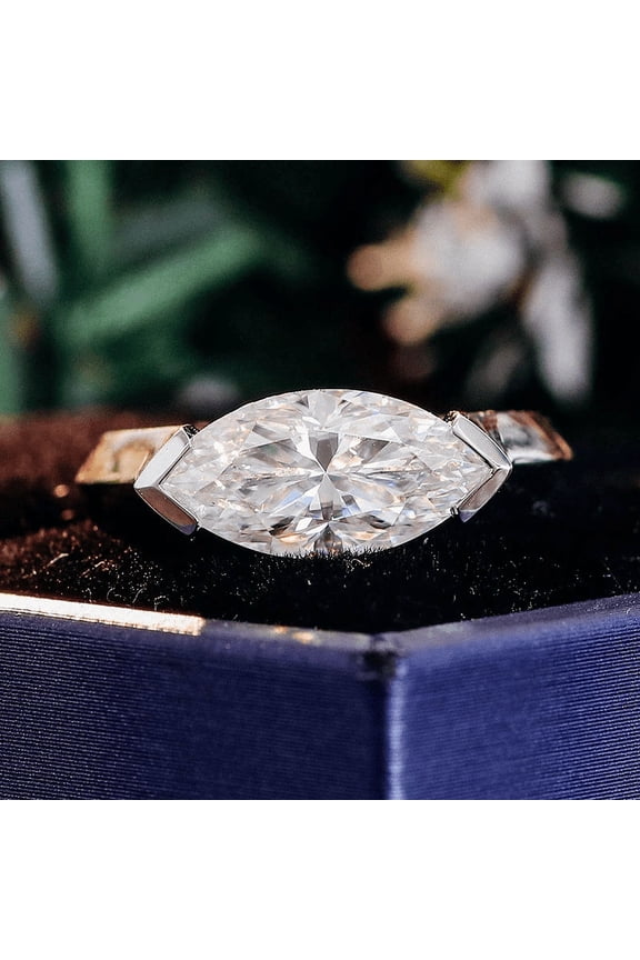 White Gold Over 14K Silver Diamond Ring - 2.1 Ct VVS1/D Marquise Cut Lab Created Simulated Diamond Rings for Her - Solo Stone Diamond Rings - East - West Diamond Rings for Women's