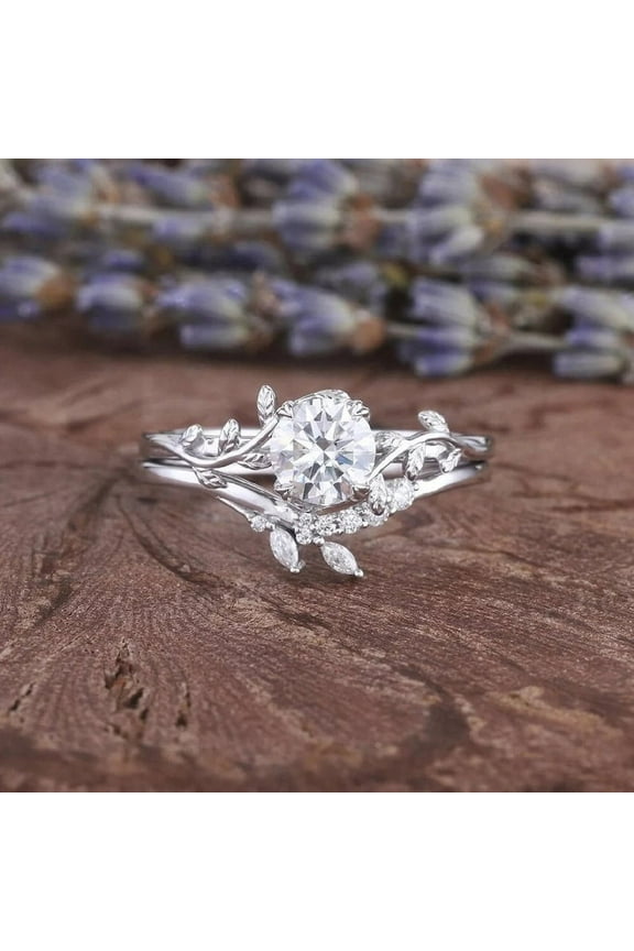 1.75 Ct Round Brilliant Cut Lab Created Diamond Engagement Ring - White Gold Plated 14K Diamond Rings - Promise Rings Set for Couple - Women Nature Inspired Leaf Diamond Rings