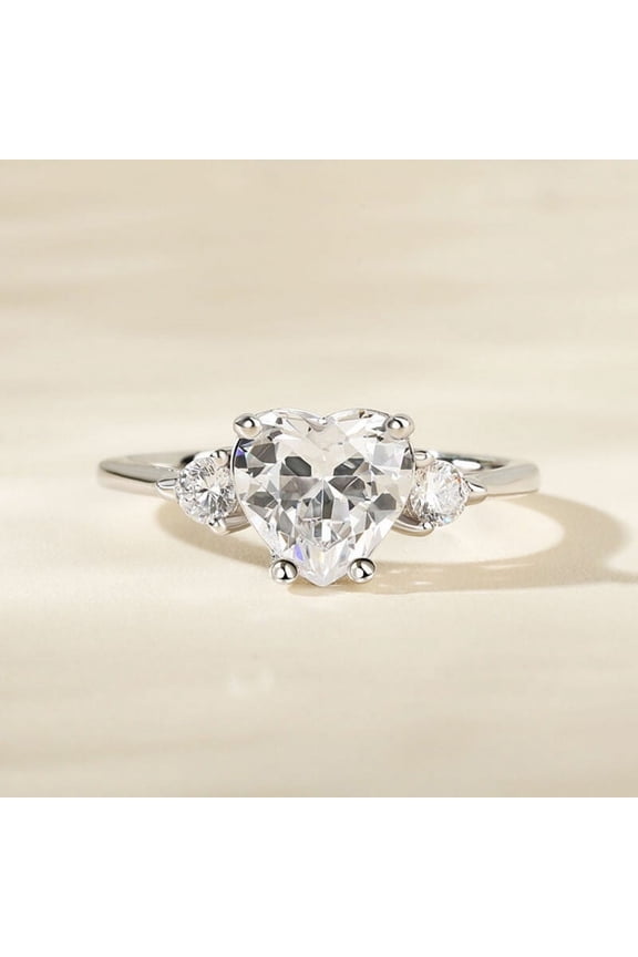 White Gold over 14K Silver Diamond Rings - Excellent 2 Ct Heart Cut Lab Created Simulated Diamond Ring - 3 Stone Diamond Ring for Her - Heart Solitaire with Round Accent Ring for women's
