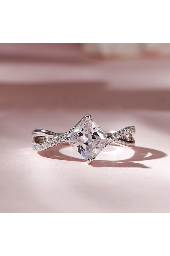 White Gold Over 14k Silver Diamond Ring - Excellent 2 Ct Princess Cut Lab Created Simulated Diamond Ring - Twisted Cross Over Shank Engagement Rings for Women's - Bypass Diamond Rings