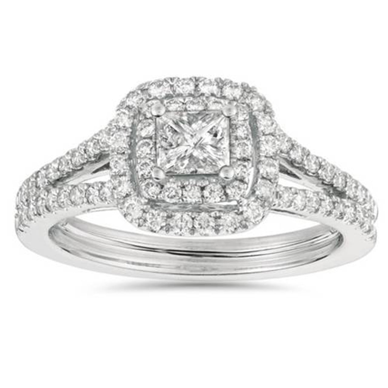 Bow Jewelry 1.5 Ct Princess Cut Moissanite Ring - 14K White Gold Plated Halo Cathedral Shank 8 Prong Set - Engagement Ring - Wedding Ring for Women