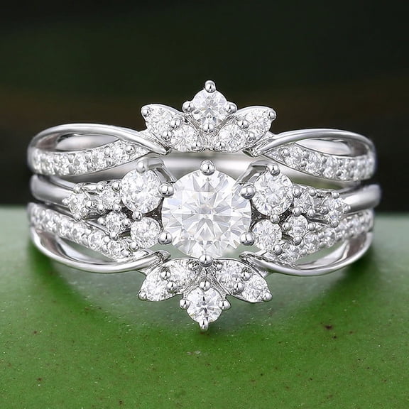 Bow Jewelry 1.77 Ct Round Cut Moissanite Anniversary Ring - Stamped 14K White Gold Plated Cluster Ring - Engagement Ring with Enhancer Band - Moissanite Ring - Bridal Set - Party Wear Ring