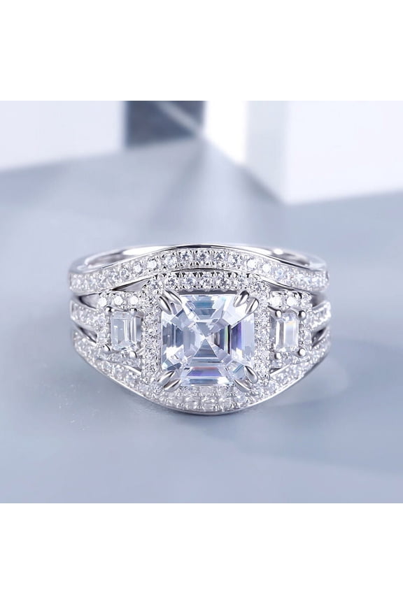 ry 1.87 Ct Moissanite Asscher Cut Engagement Rings - 14K White Gold Plated Wedding Anniversary Trio Set - Stunning Bridal Set Rings for Women - Choice for Celebrating Love
