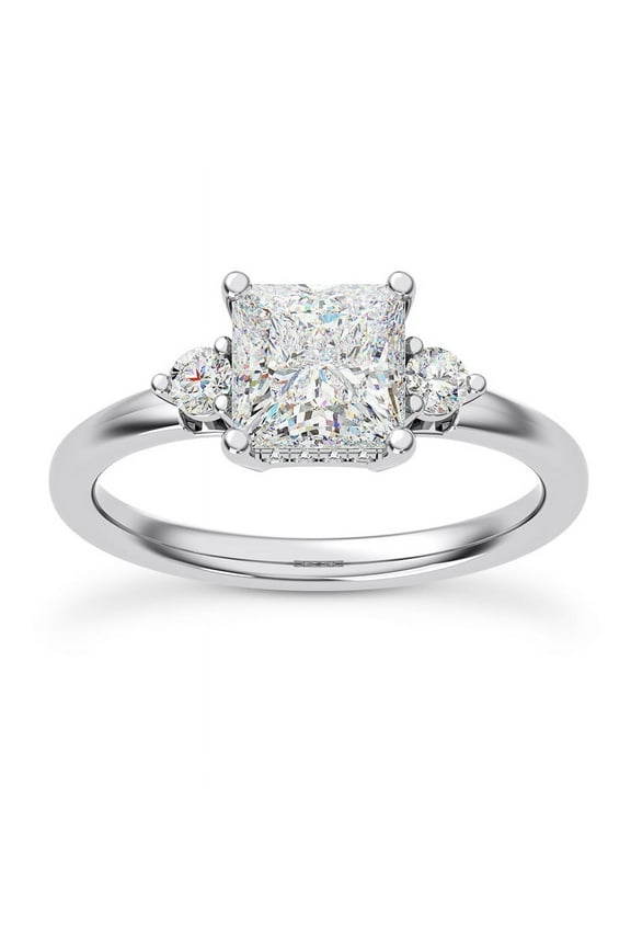 ry 1.9 Ct Princess Cut 3-Stone Engagement Wedding Ring - 14K White Gold Plated Hidden Halo Cathedral Shank Moissanite Trilogy Ring for Women - Bridal Prong Setting