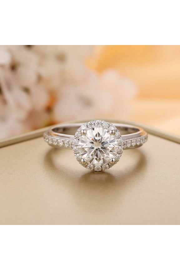 ry 1.97 Ct Round Cut Brilliant Ring - Crafted in 14K White Gold Plated - Stunning Halo Solitaire with Accent Rings - Anniversary Gift for Her - Celebrate Your Love with Timeless Elegance