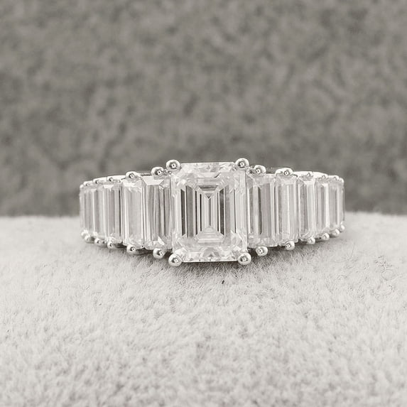Bow Jewelry 14K White Gold Plated 1.77 Ct Emerald Cut Ring - Stunning Multi Stone Wedding Ring Gift for Women - Elegant Designer Party Wear Jewelry - Celebrate Love with This Valentine Proposal Ring