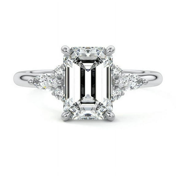 Bow Jewelry 14K White Gold Plated 2 Ct Emerald Cut Moissanite Ring - Solitaire with Accent Moissanite Ring - Hidden Halo Design for Her - Engagement Moissanite Ring