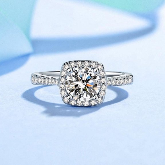 Bow Jewelry 14K White Gold Plated Halo Style Ring - 1.87 Ct Round Cut Moissanite Anniversary Ring - Ever & Ever Engagement Ring - Wedding Prong Setting Ring - Graduation Gifts