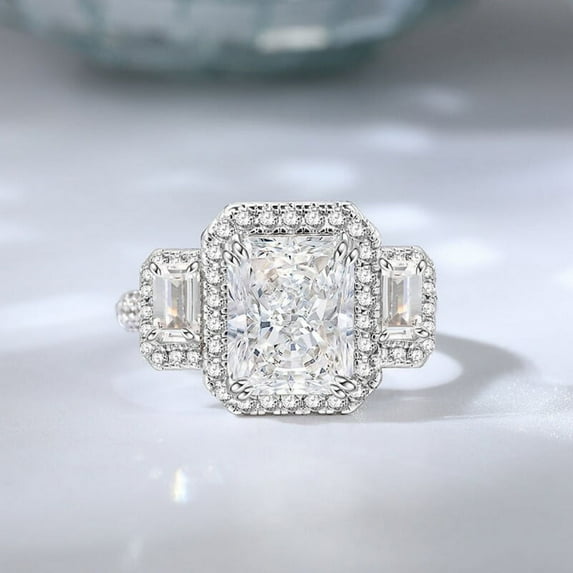 Bow Jewelry 14K White Gold Plated Multi Moissanite Halo Ring - 1.87 Ct Radiant Cut Excellent Moissanite Ring - Gorgeous Anniversary Gifts for Women's - Engagement Ring - Forever Wedding Ring