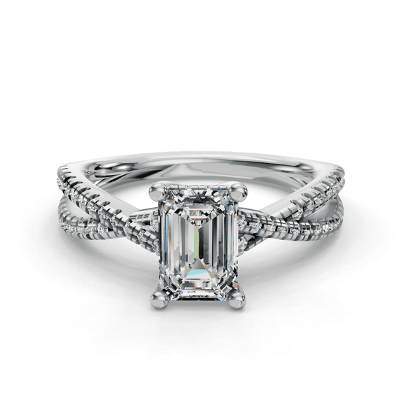 Bow Jewelry 2.1 Ct Emerald Cut Infinity Twisted Cross Over Shank Engagement Ring - Solitaire Lab-Created Moissanite Ring for Women - 14K White Gold Plated Prong Setting - Wedding and Engagement Gift