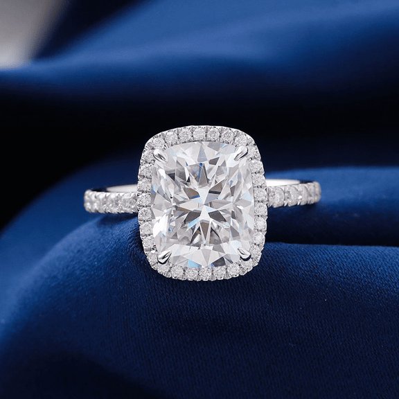 Bow Jewelry 2.32 Ct Cushion Cut Moissanite Engagement Ring - Elegant 14K White Gold Plated Setting - Perfect for Weddings Rings - Celebrate Your Love with a Stunning Modern Halo Style Ring for Her