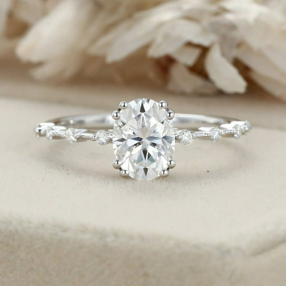 Bow Jewelry Stamped 14K White Gold Plated Wedding Ring - Double Prong Set 1.87 Ct Oval Cut Moissanite Ring - Solitaire with Accents Anniversary Ring - Engagement Gorgeous Ring