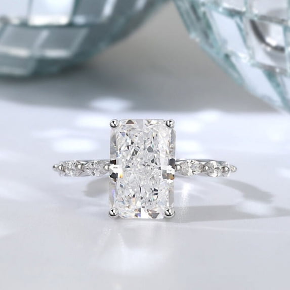 Bow Jewelry White Gold Plated 14K Moissanite Ring - Radiant Cut Excellent 1.97 Ct Moissanite Engagement Ring - Solitaire with Accent Moissanite Ring - Wedding Moissanite Ring for Ring