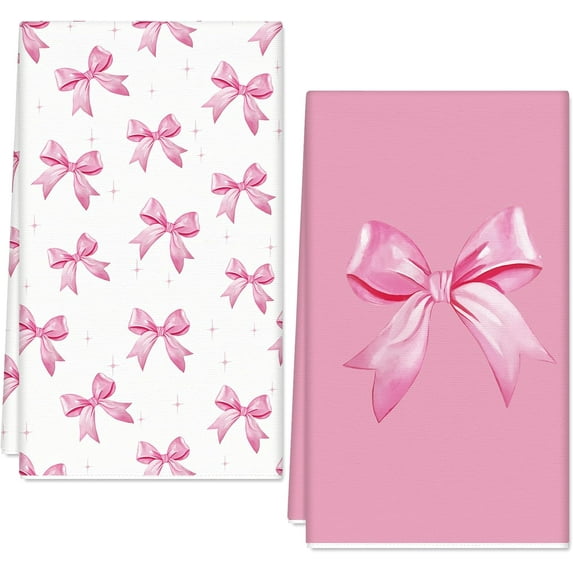 Bow Kitchen Dish Towels 18 x 26 Inch Pink Bowknot Dishcloth Coquette Hand Drying Tea Towel for Wedding Valentine Bridal Shower, 2Pcs