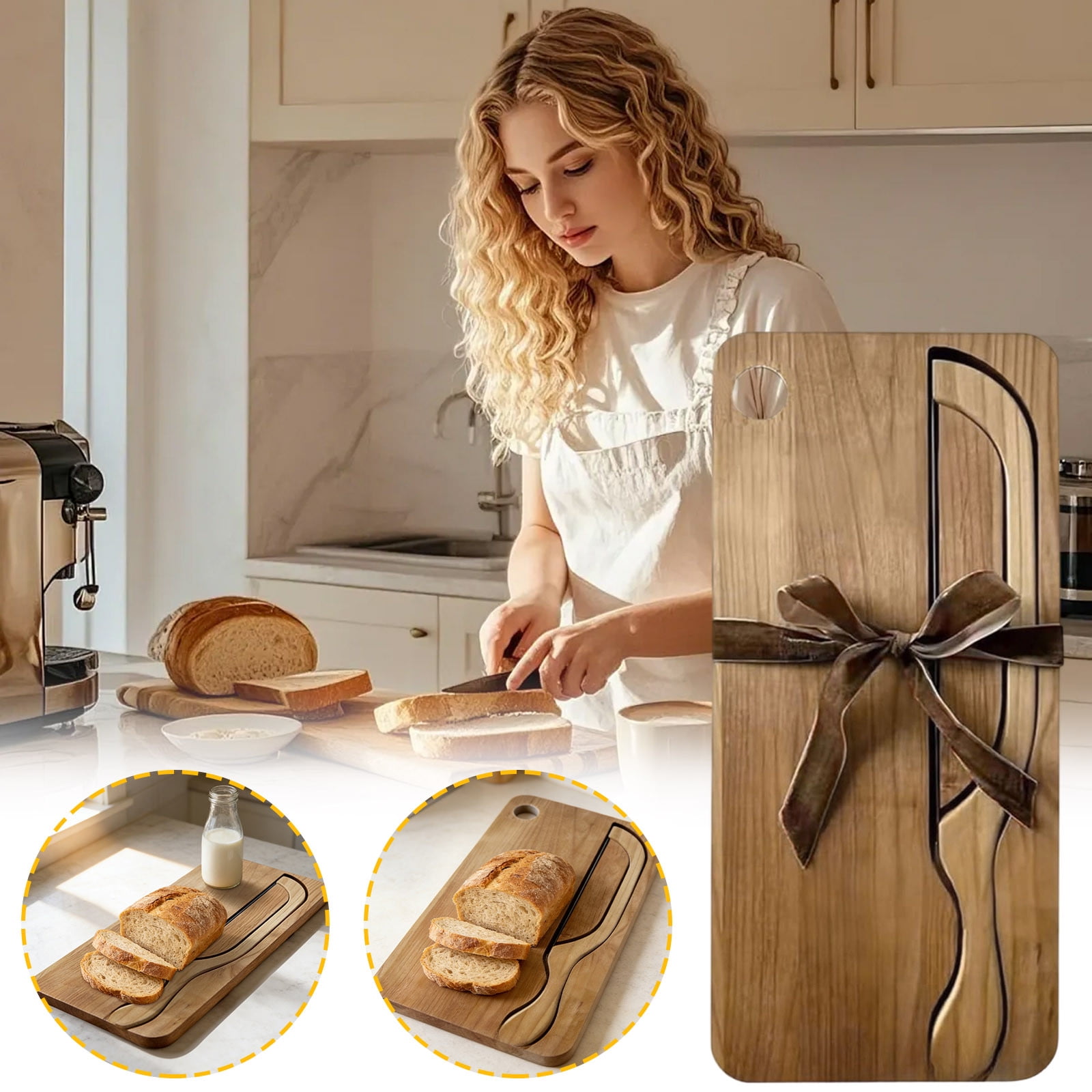 Bow Knife and Board Set, Stainless Steel Sourdough Bread Knife and Cutting Board Set with Crumb Tray, Professional Bread Slicer for Homemade Loaves